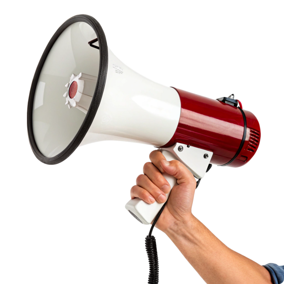 A hand holding a red and white megaphone png