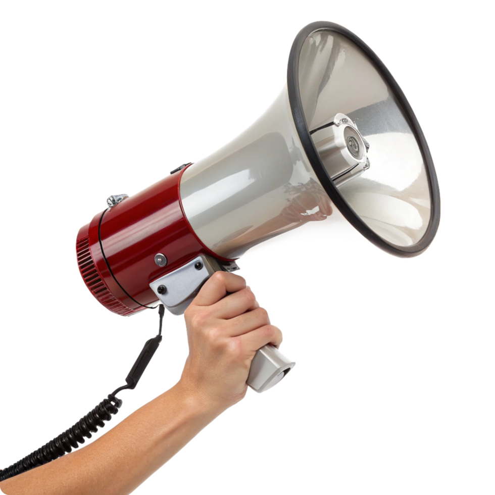 A hand holding a red and silver megaphone making an announcement png