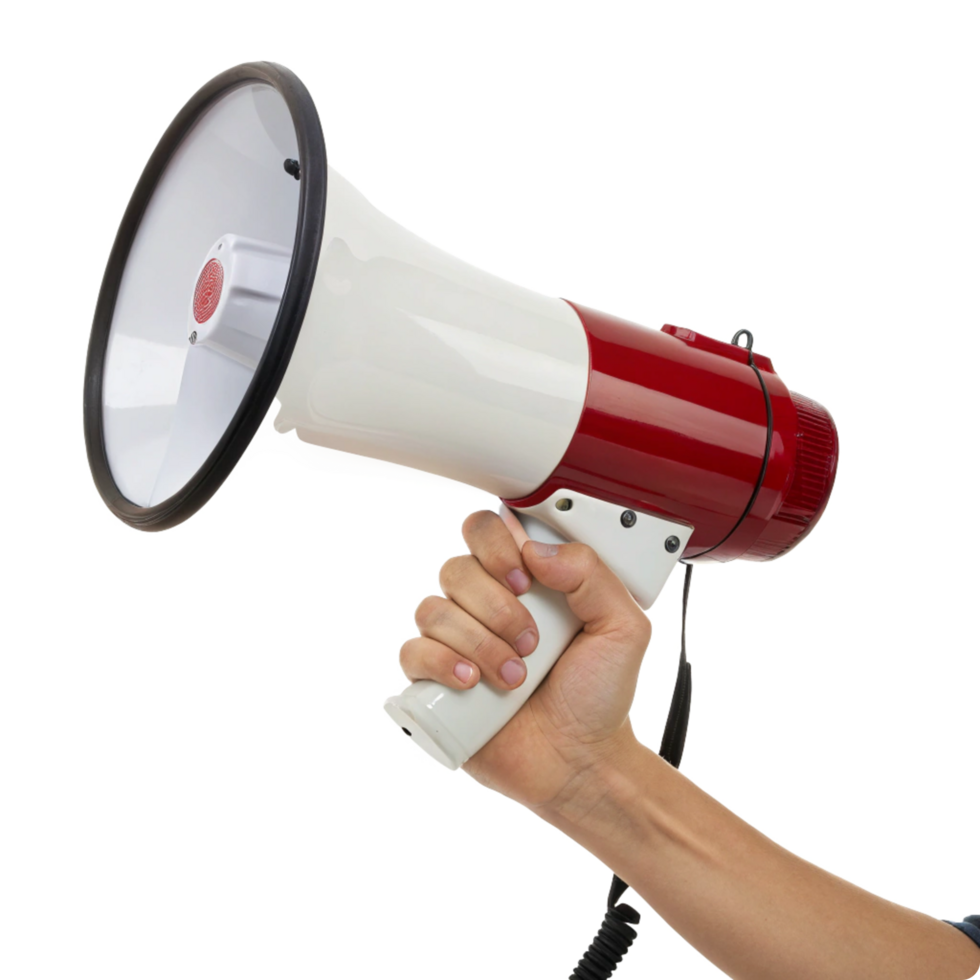 Hand holding white megaphone against a black background png