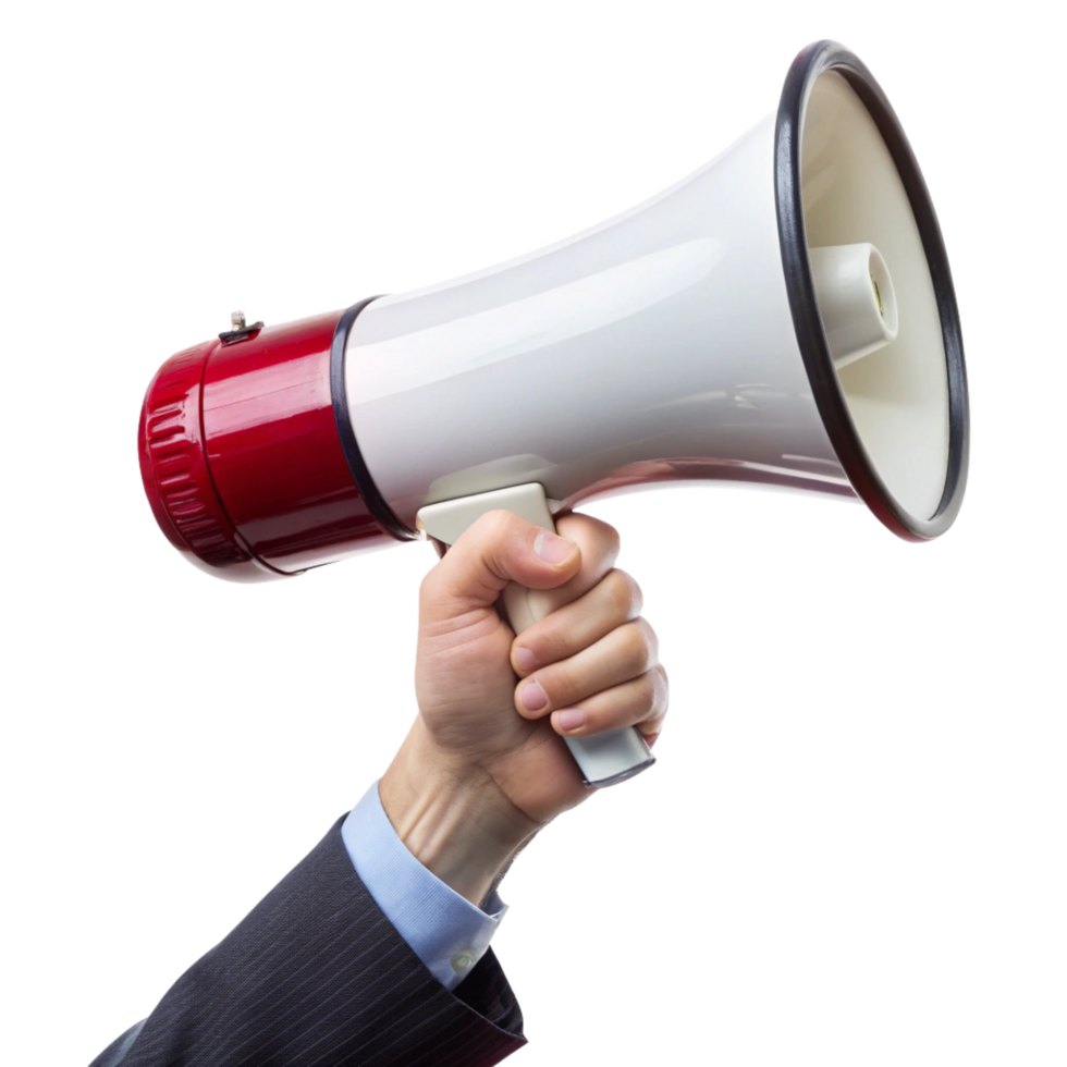 A hand in a business suit holding a red and white megaphone making an announcement png