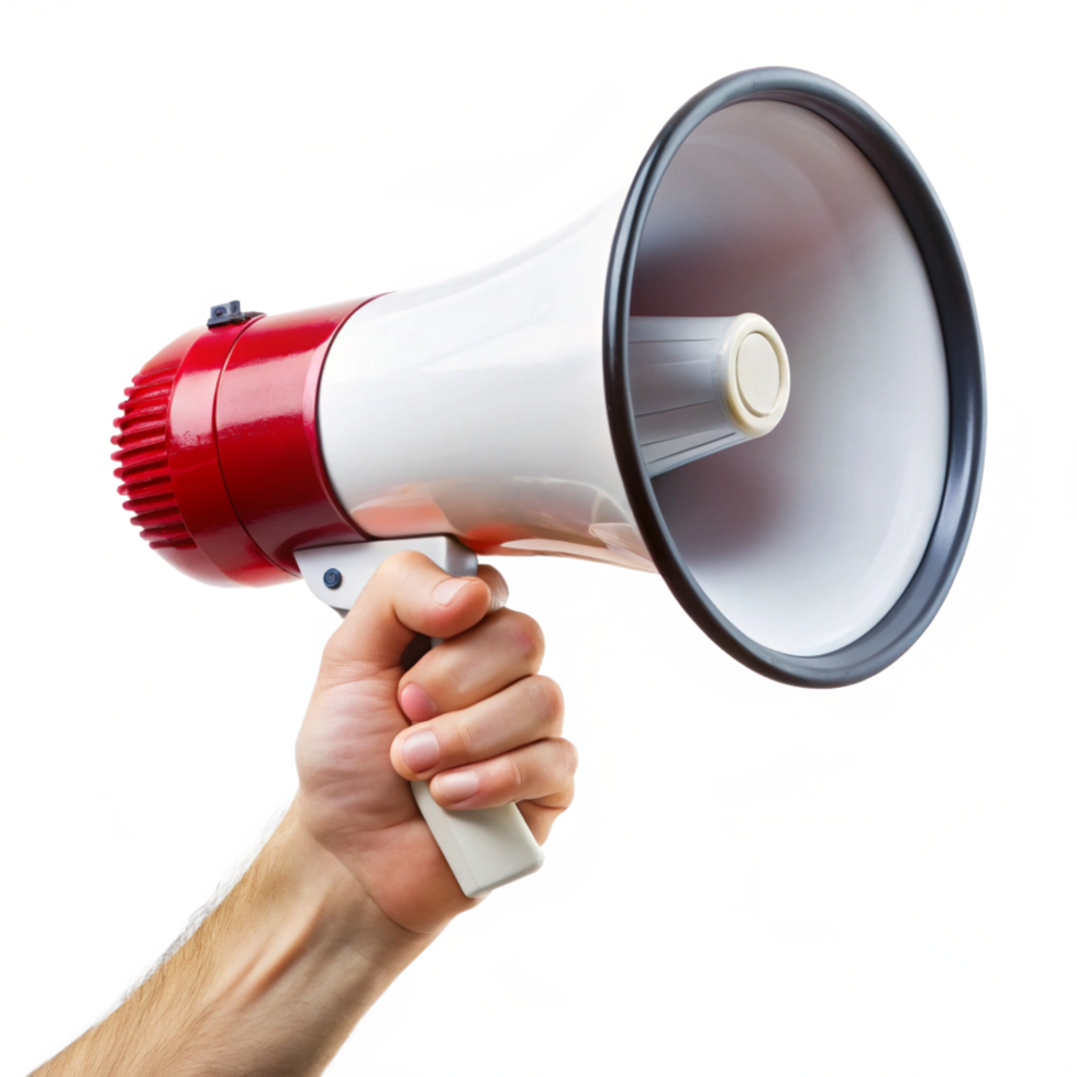 A hand holding a red and white megaphone against a vibrant abstract background png
