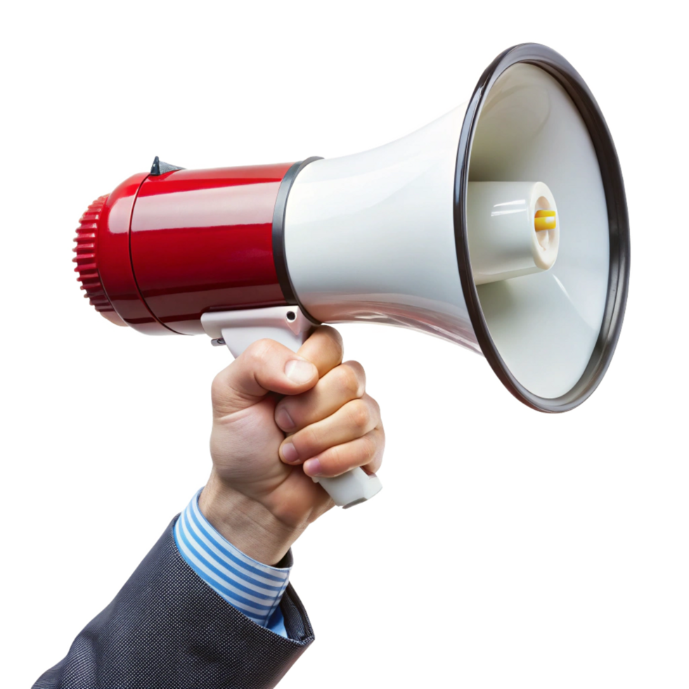 A businessman holds a red and white megaphone making an announcement png