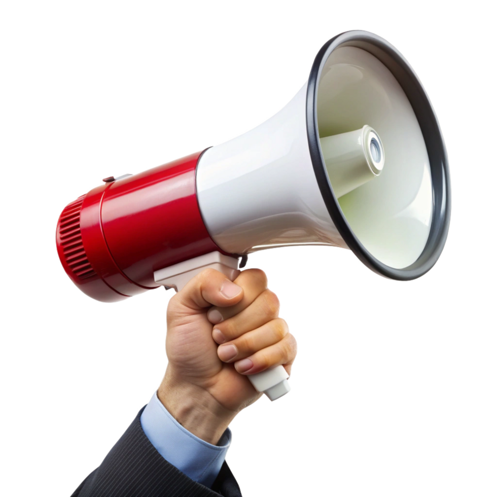 A Man in a Suit Holding a Red and White Megaphone Making an Announcement png