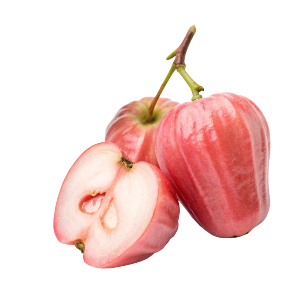 Closeup of Two Whole and One Halved Rose Apples on a Black Background png