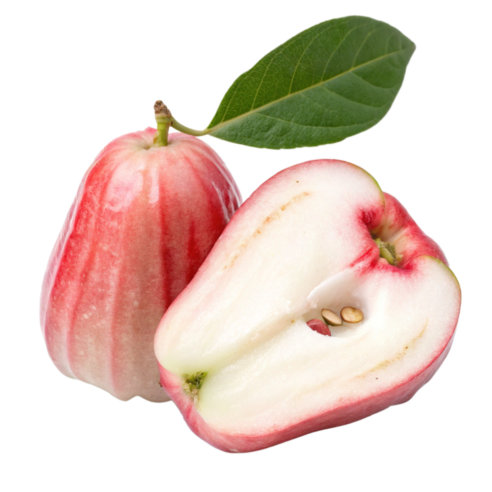 Vibrant Red Rose Apple with its Leaf and Half Sliced Showing Seeds and Pulp png