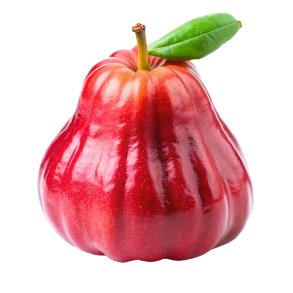A single ripe red wax apple with a green leaf on a black background png