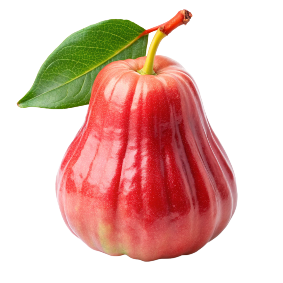 Vibrant Red Rose Apple with Green Leaf Isolated on Black Background a Closeup Studio Shot of a Single Wax Apple png