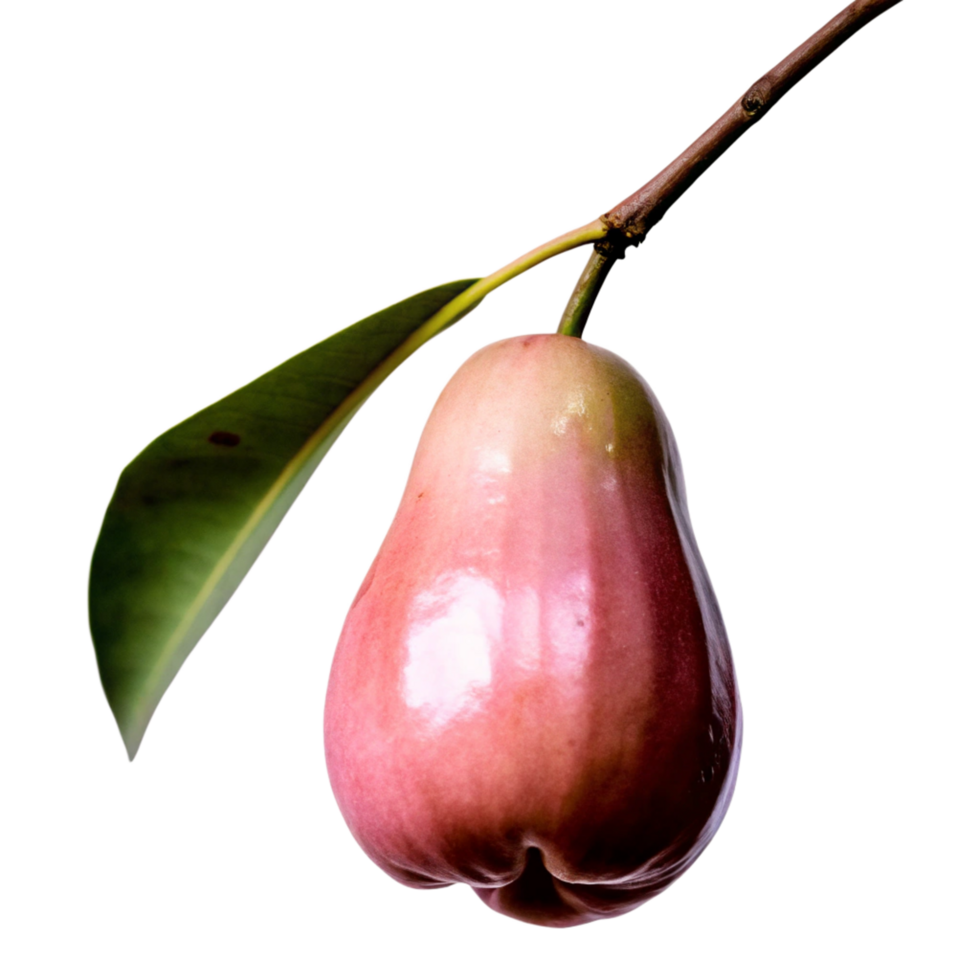 A single ripe rose apple hanging from a branch against a black background png