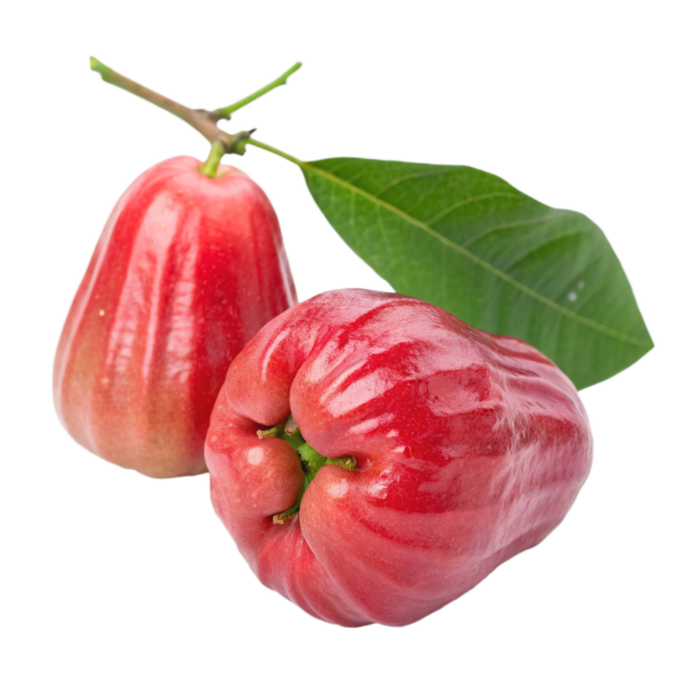 Two Ripe Red Water Apples with Green Leaf Isolated on Black Background png