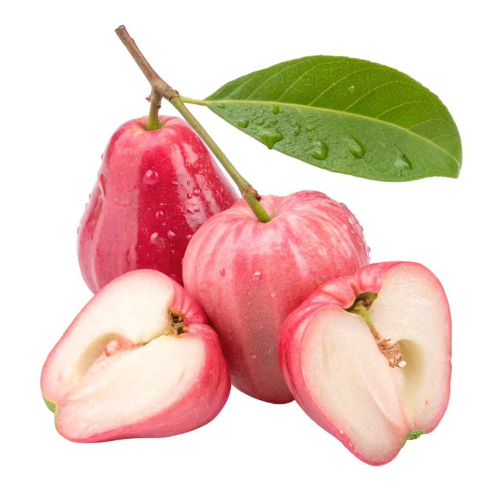 Closeup of Fresh Red Water Apples with Green Leaf and Water Droplets png