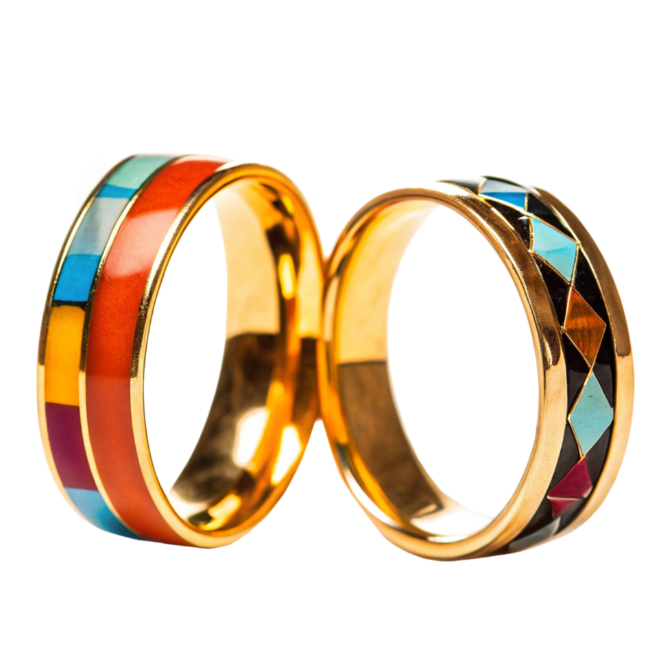 Stunning Pair of Gold Rings with Multicolored Gemstone Inlays png