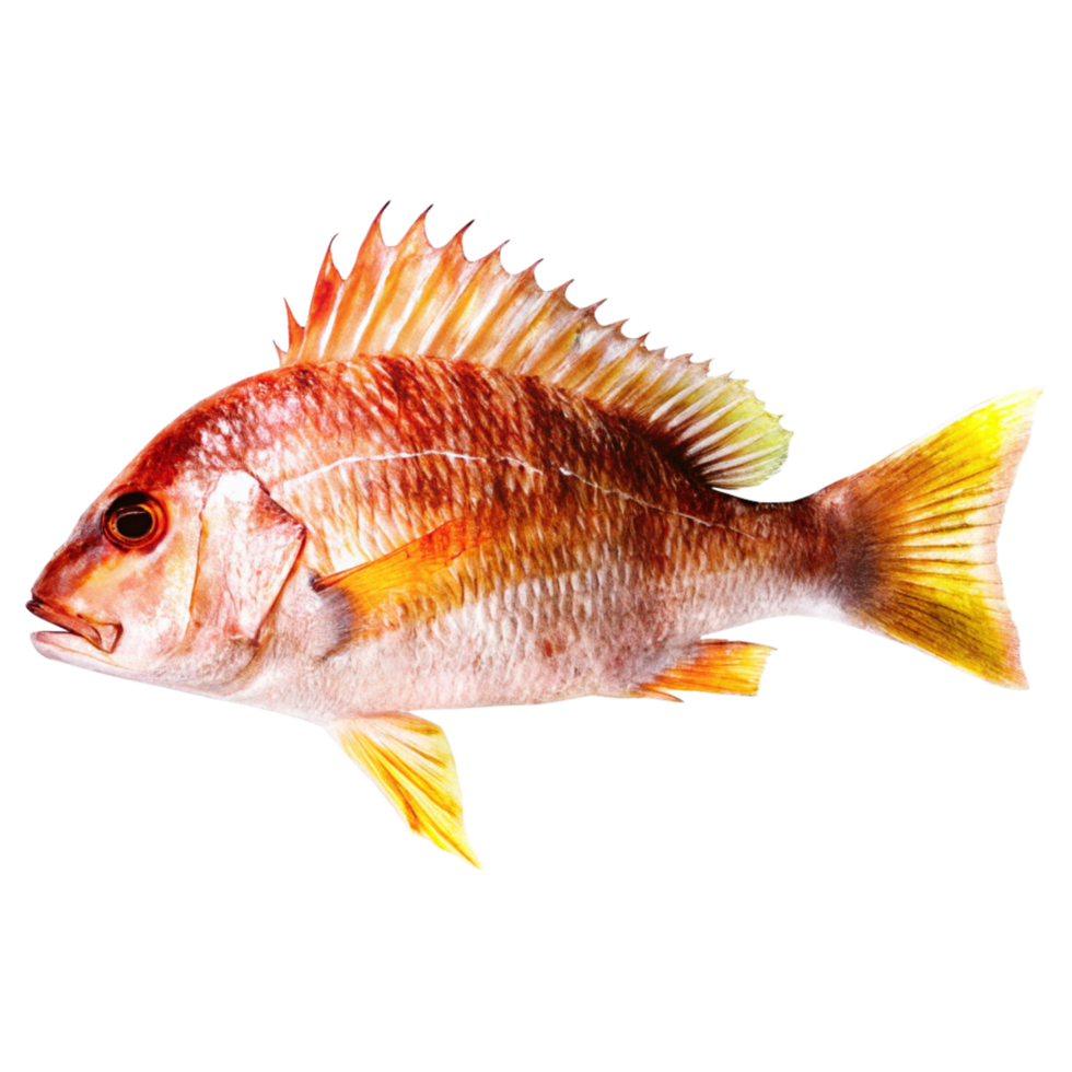Closeup of a vibrant red snapper fish with yellow tail and fins against a black background png