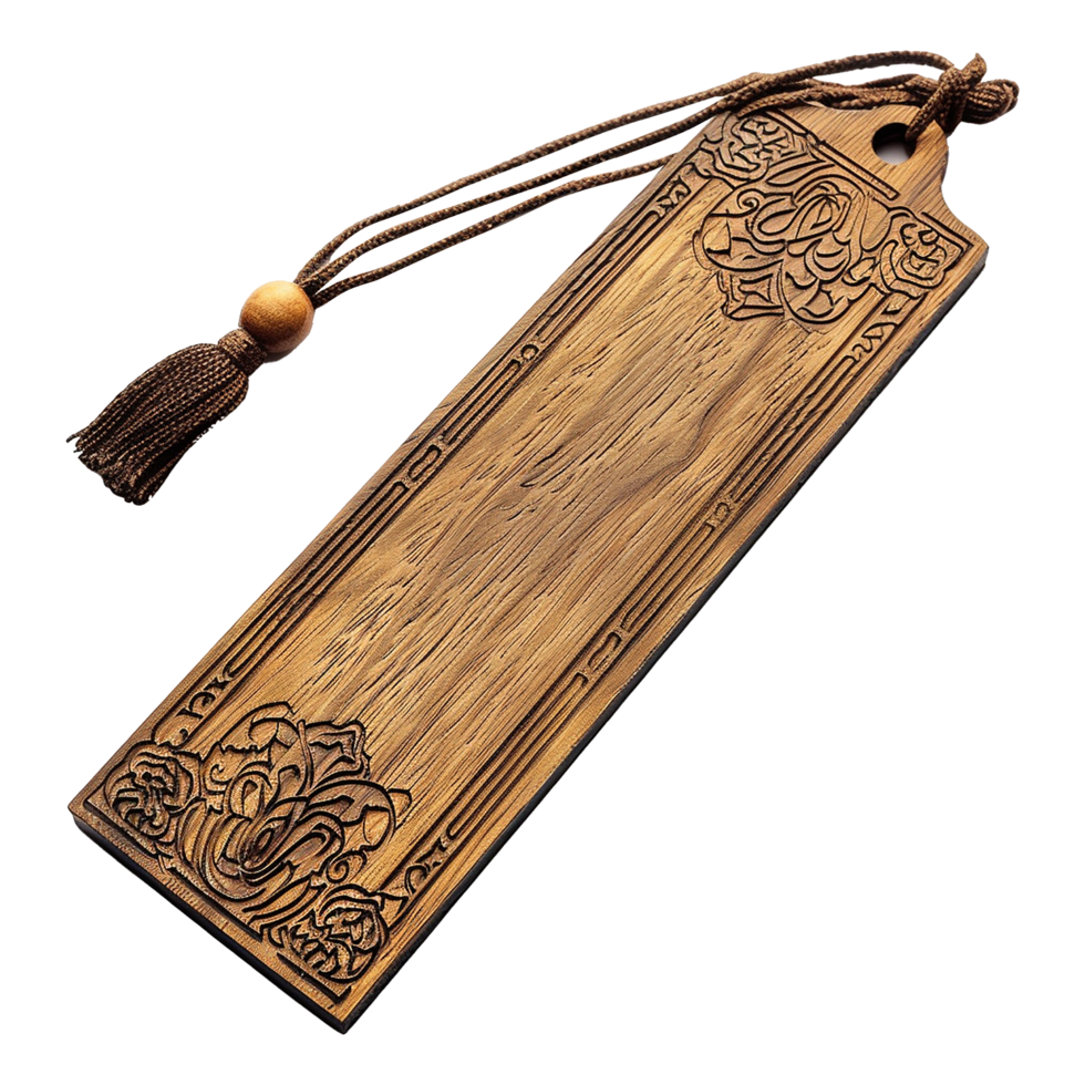 Elegant Wooden Bookmark with Intricate Carved Design and Brown Tassel png