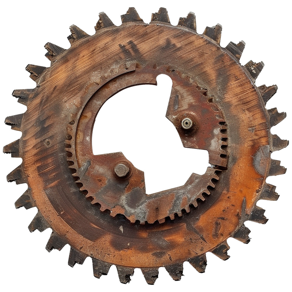 A large rusty industrial gear wheel with a central broken section showing signs of wear and tear png