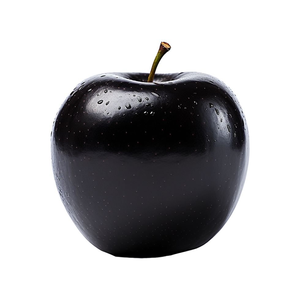 A Single Black Apple with Water Droplets Highlighted Against a White Background png