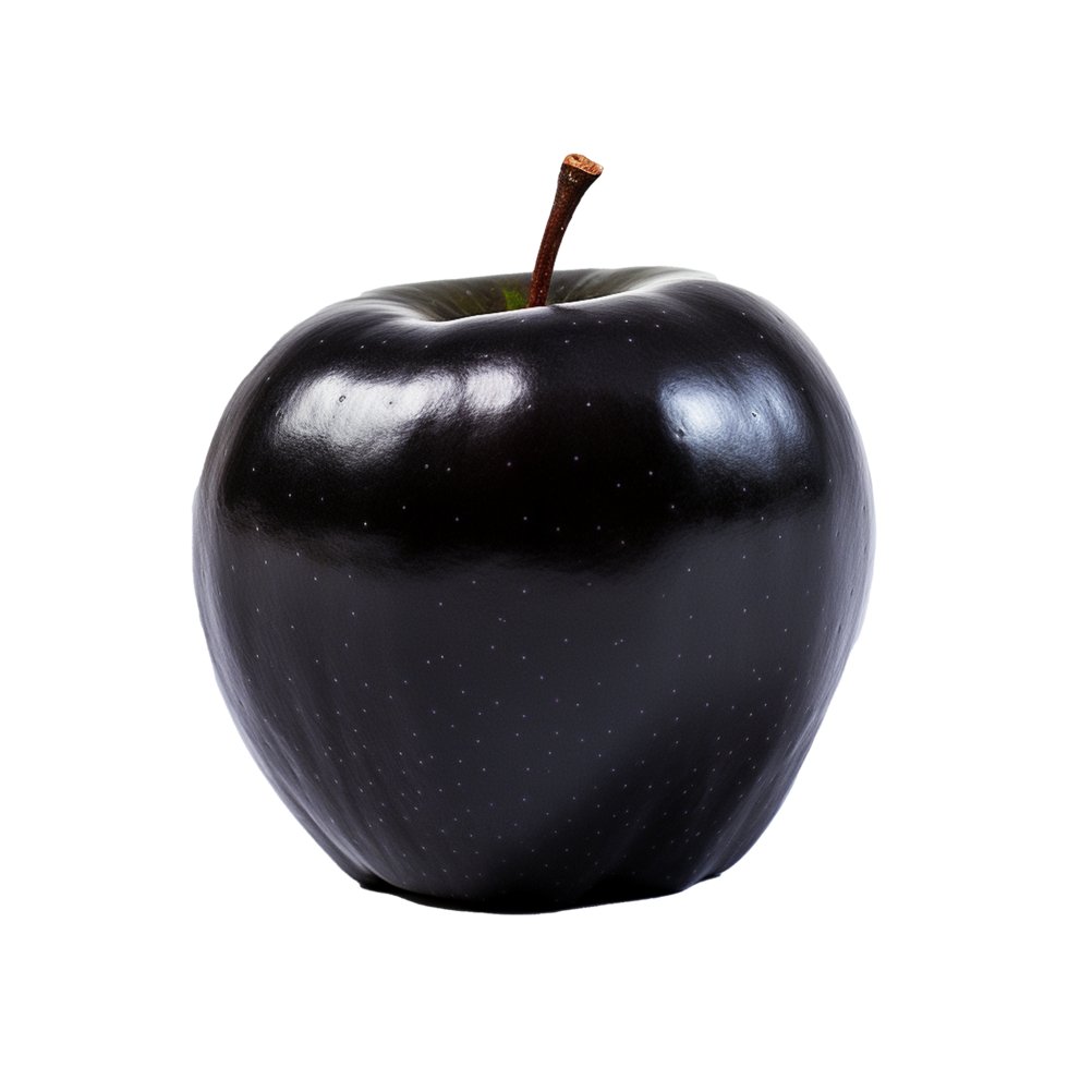 A Single Black Apple with a Shiny Surface and Brown Stem on White Background png