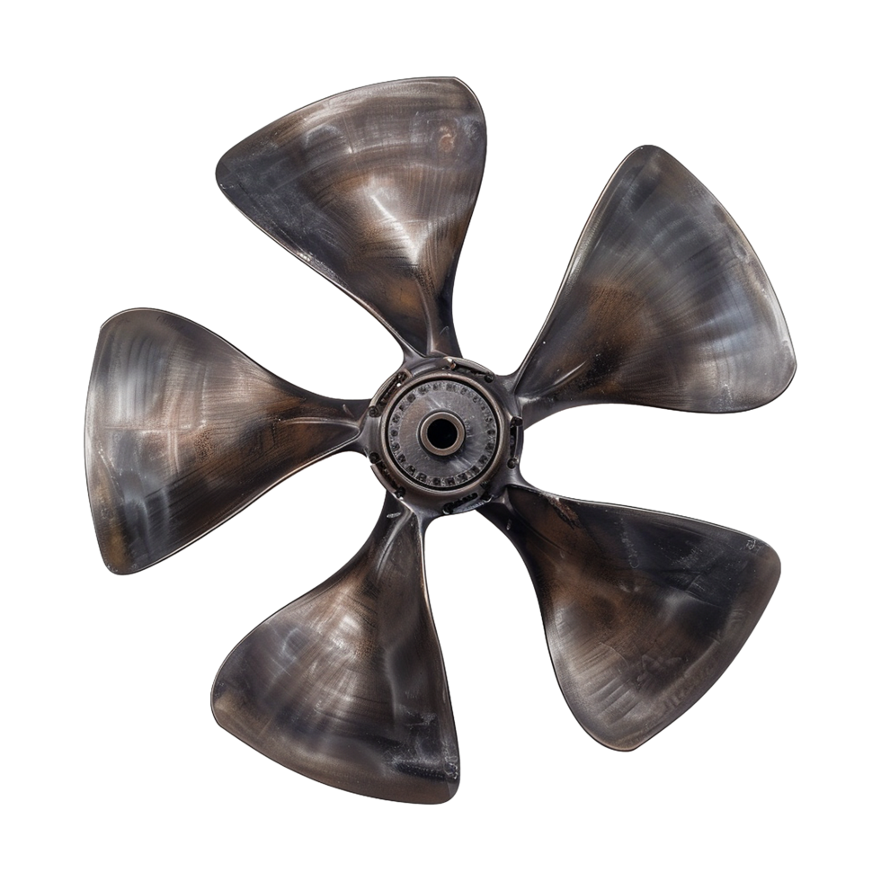 Closeup view of a large five bladed bronze propeller showing significant wear and tear png
