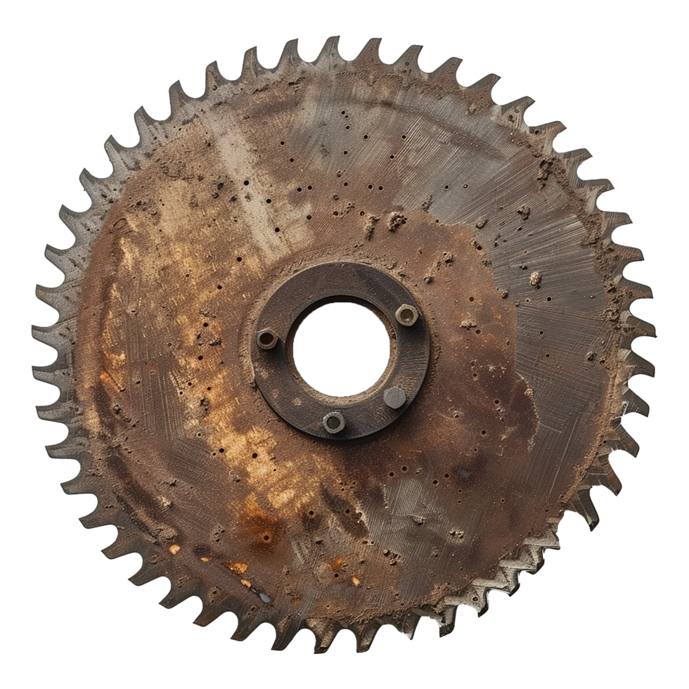 A Rusty and Worn Circular Saw Blade with a Central Hub and Numerous Holes png