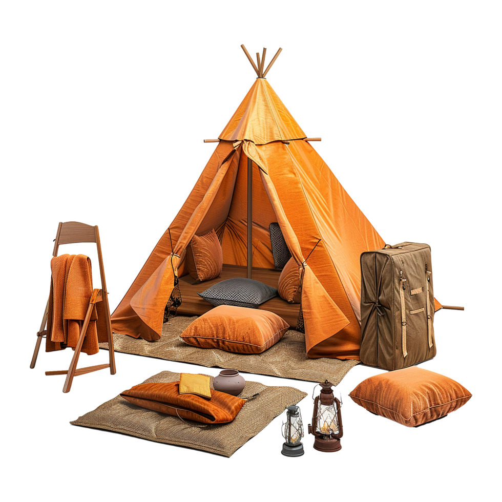 Cozy Camping Teepee Tent Setup with Accessories and Pillows png