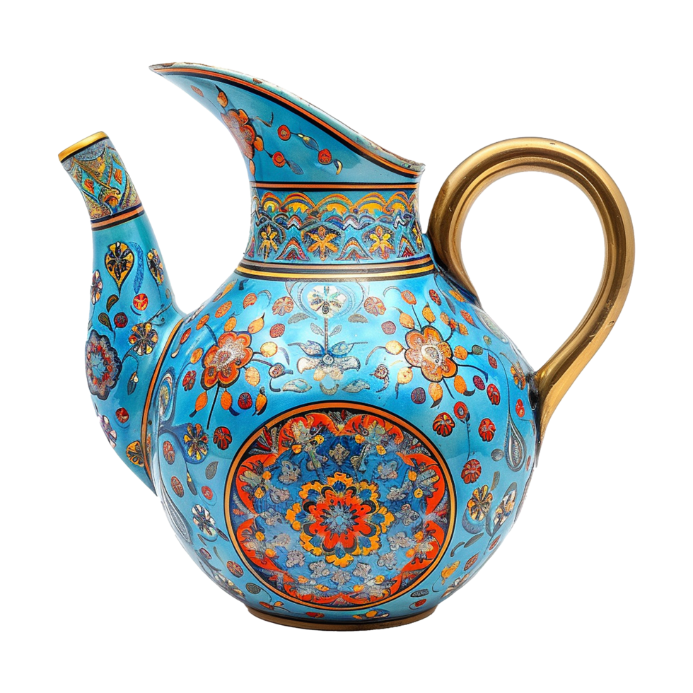 Exquisite Handpainted Ceramic Pitcher with Vibrant Floral and Geometric Patterns png