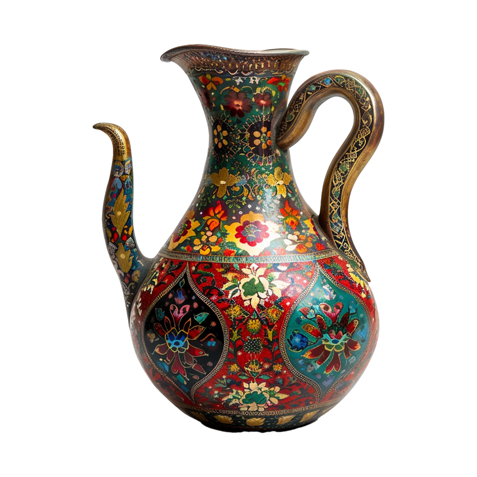 Ornate HandPainted Middle Eastern Ewer Pitcher with Floral and Geometric Designs png