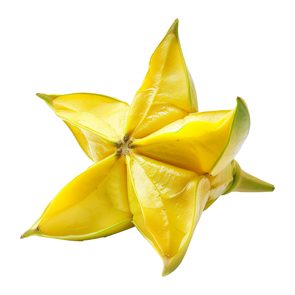 A vibrant yellow star fruit, also known as carambola, showcasing its unique star shape and juicy texture, isolated on a white background with a blurred yellow and beige backdrop png