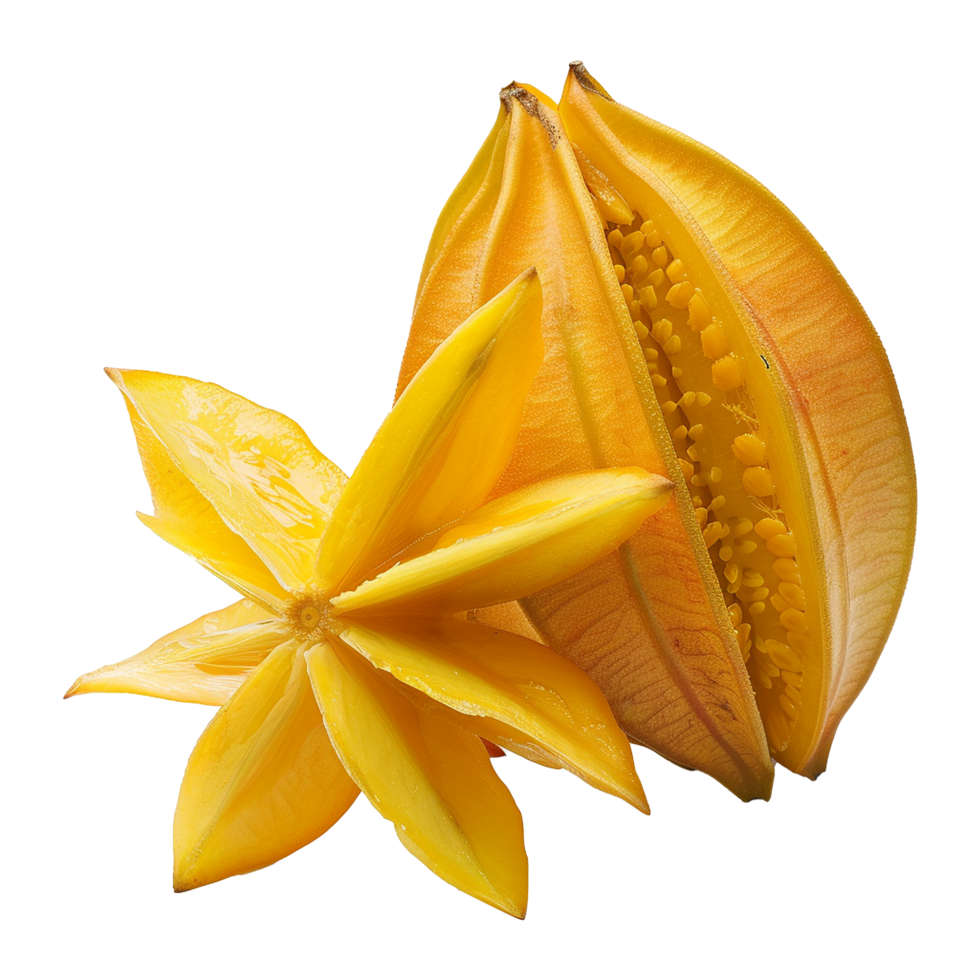 Closeup of a ripe star fruit and a star apple showing vibrant yellow color and juicy texture png