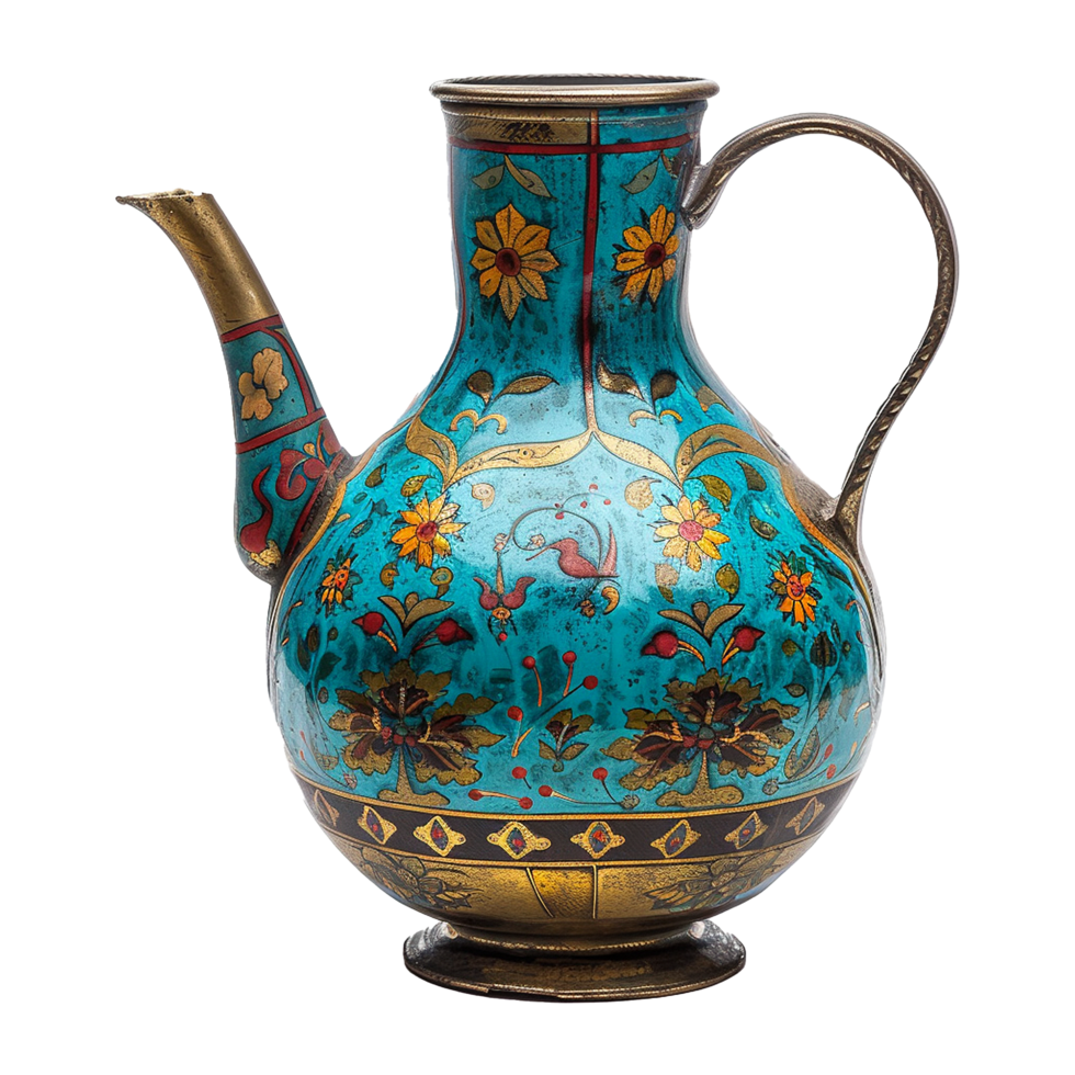 Antique HandPainted Enamel Metal Ewer Pitcher with Floral and Bird Motifs png