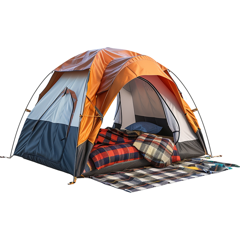 Cozy Camping Tent Setup with Plaid Blankets and Pillows for a Comfortable Outdoor Adventure png