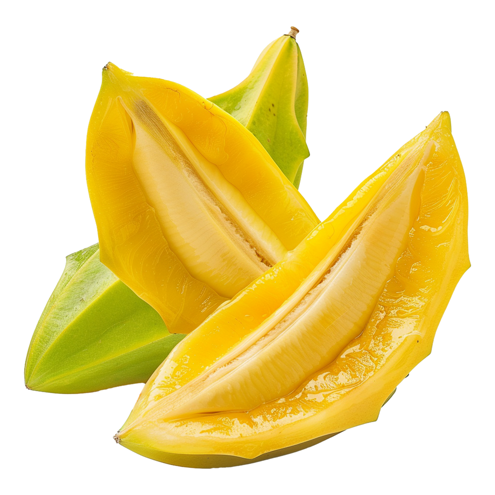 Closeup of ripe star fruits showing their vibrant yellow color and juicy texture png