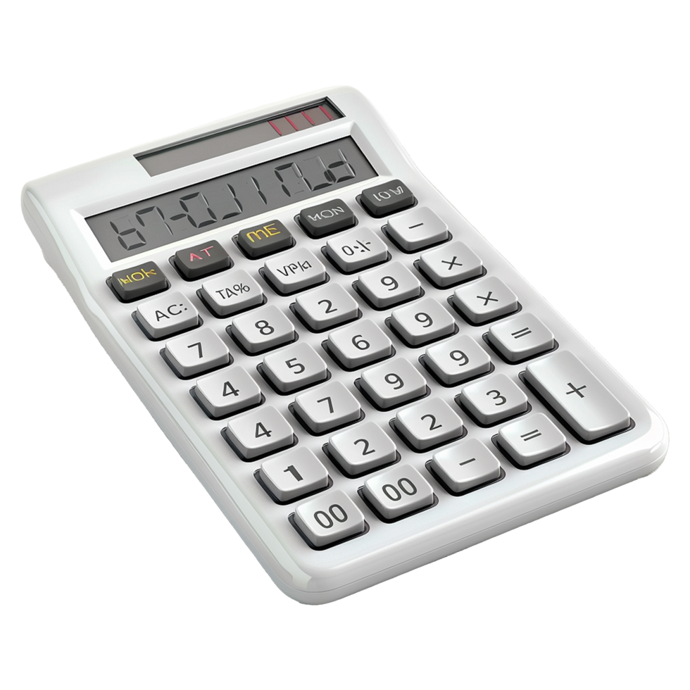 Highangle closeup shot of a white calculator with a large display showing the number 670310 png
