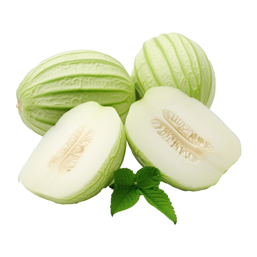 Fresh Green Winter Melon Slices with Mint Leaves Isolated on White Background png