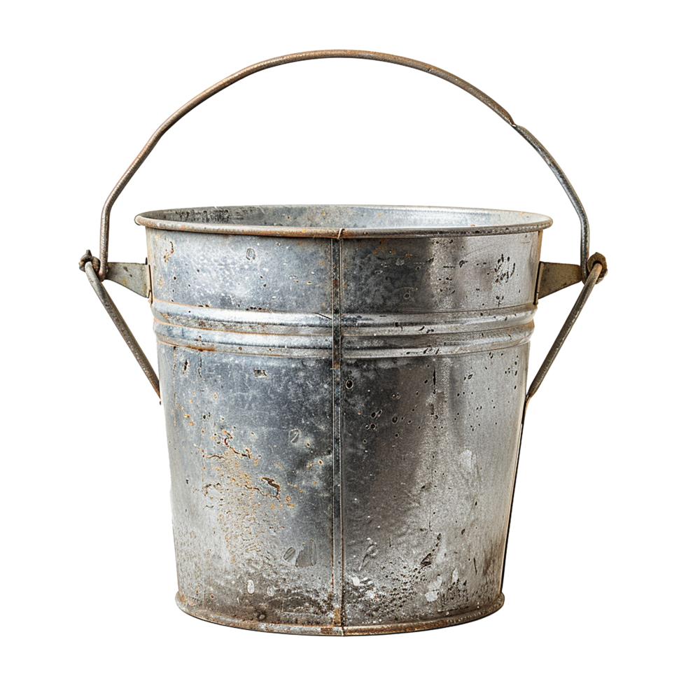 A weathered galvanized metal bucket with a rusty wire handle png