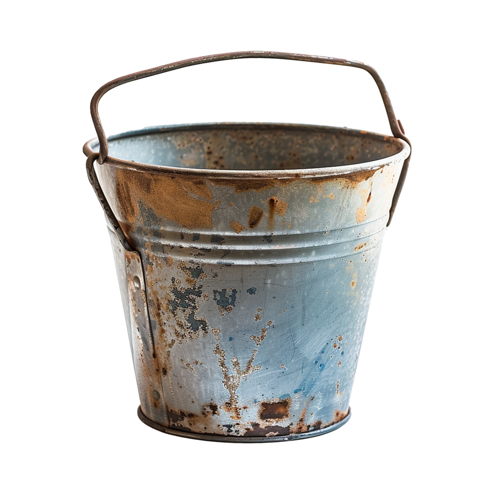 Rustic Vintage Metal Bucket with Handle, Weathered and Patina, Antique Grey and Brown Tones png