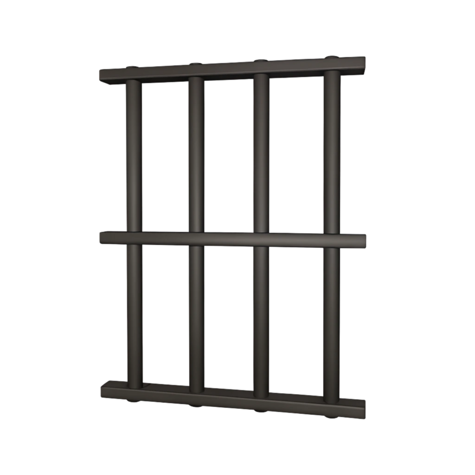 A 3D rendering of a dark gray metal jail cell window or prison bars with a square frame and three vertical bars png