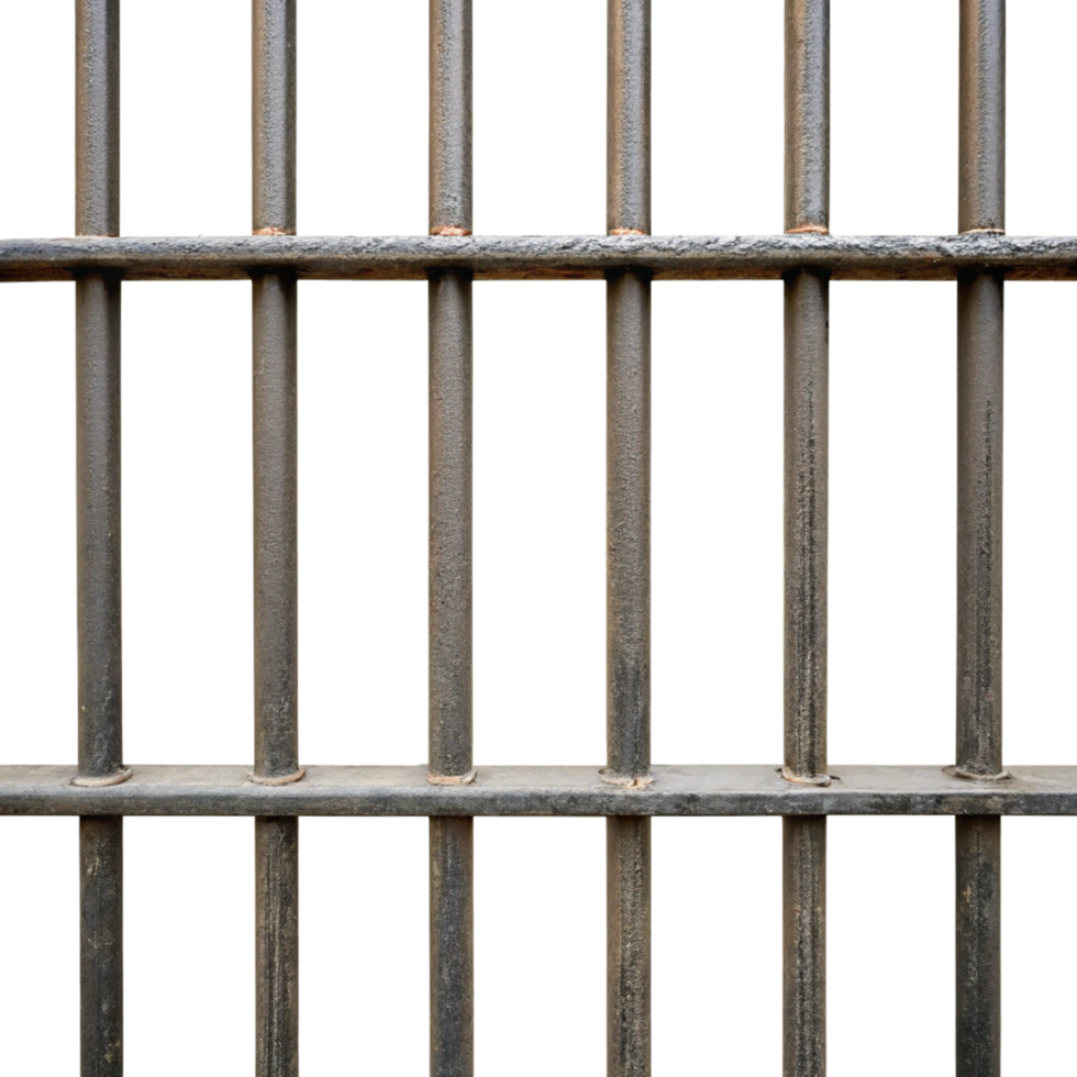 Closeup view of a rusty metal jail cell bars against a black background showing texture and detail png