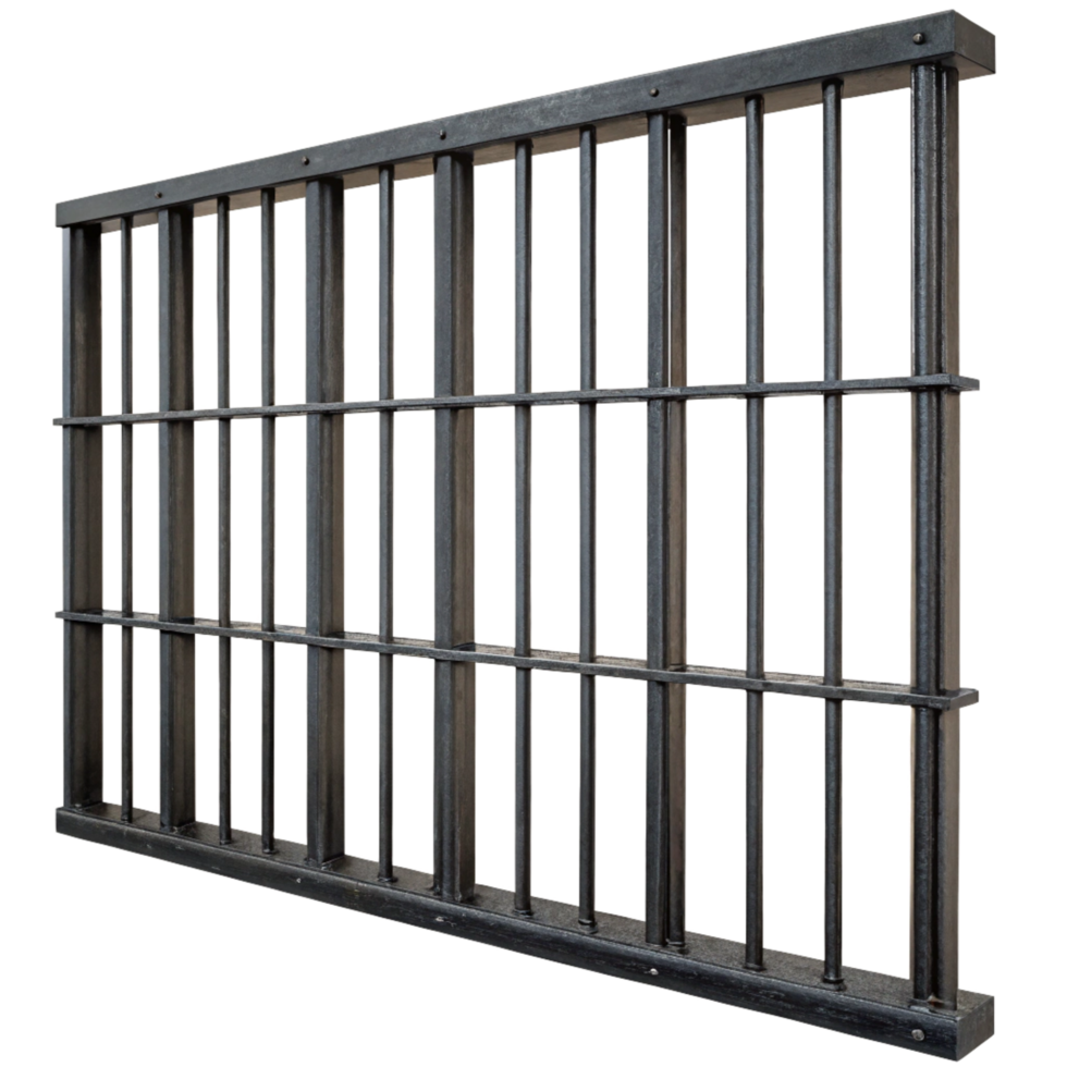 A sturdy dark gray metal jail cell window or prison bars security gate png