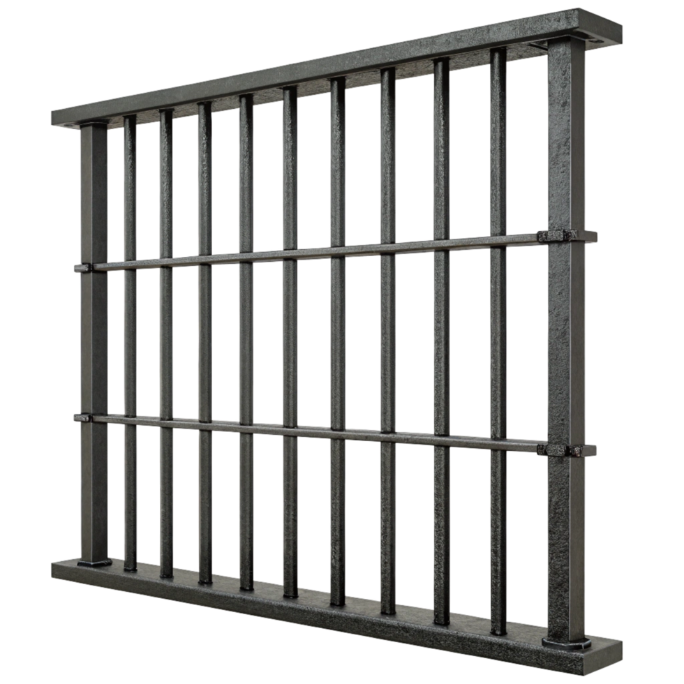A Detailed 3D Render of a Dark Gray Metal Jail Cell Window or Security Gate with Thick Bars and a Strong Frame png