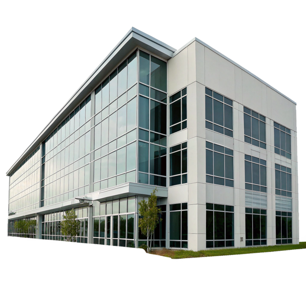Modern glass and white building architecture design exterior view landscaping png