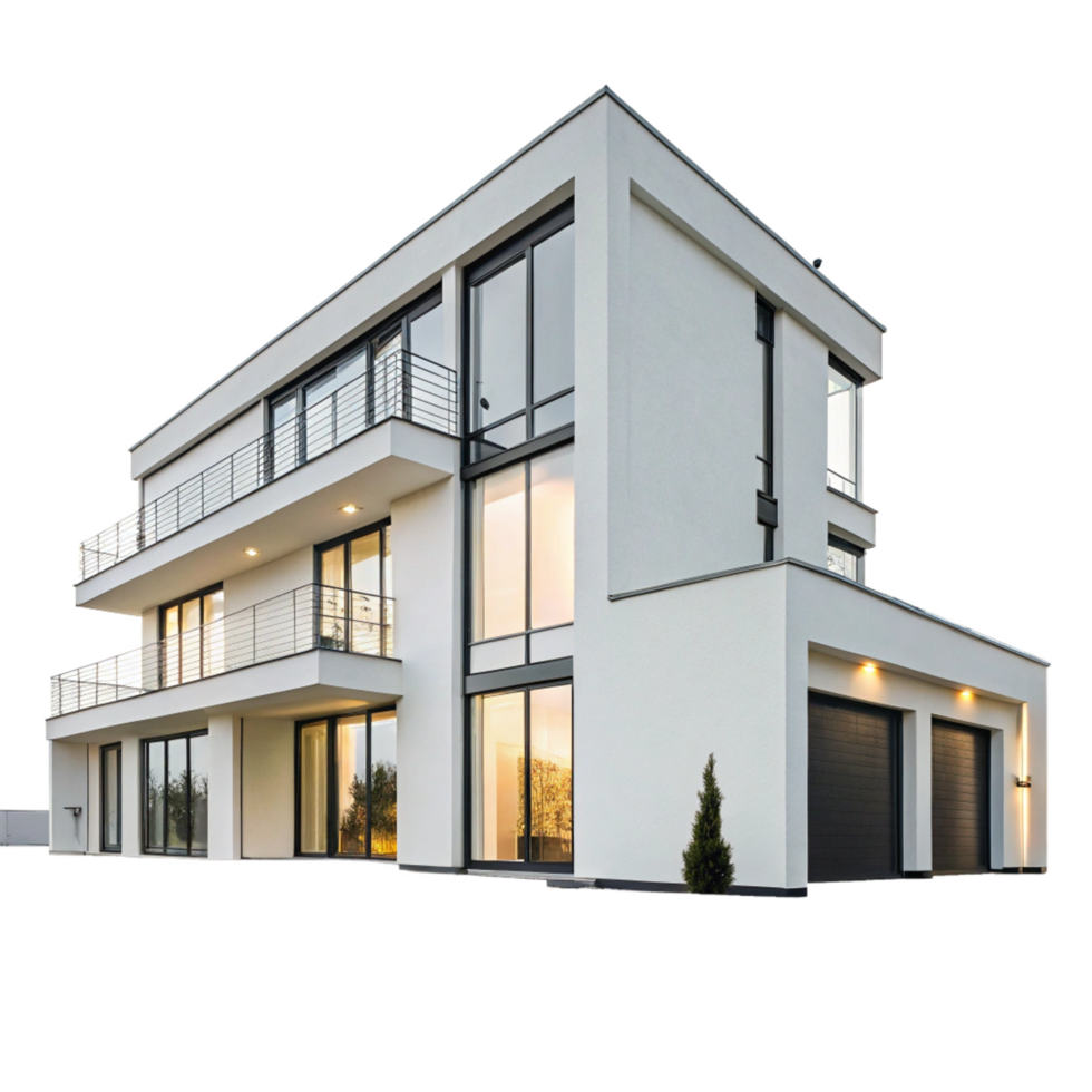 Stunning Modern White House with Large Windows and Balconies at Dusk png