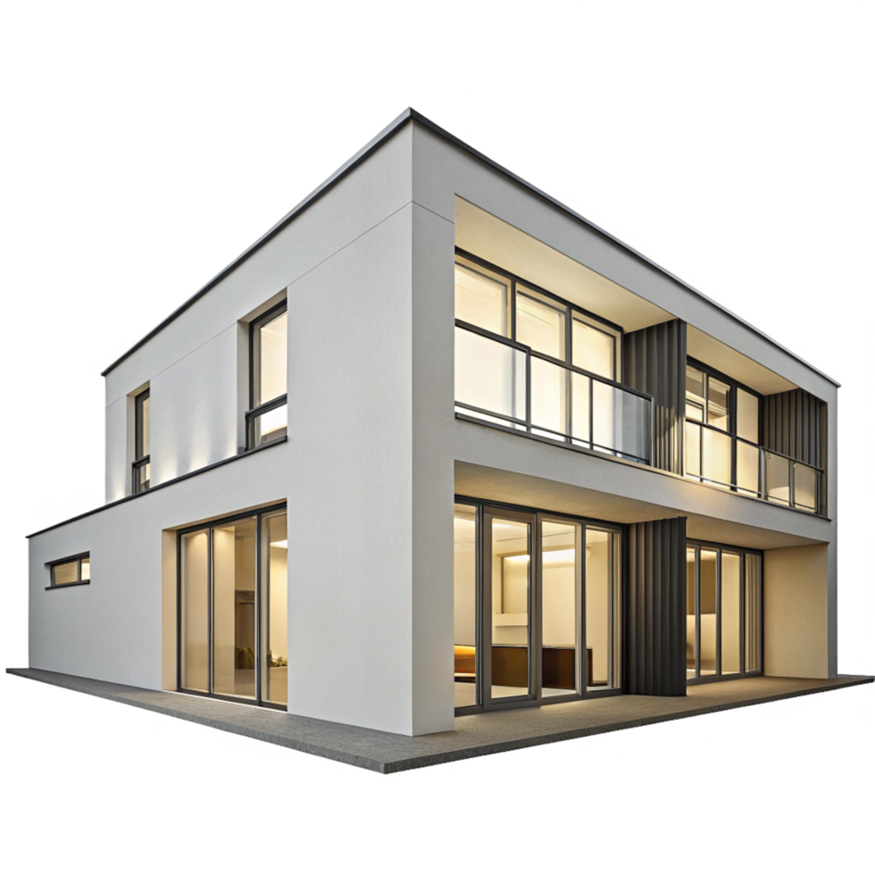 Modern Two Story House with Large Windows and Balcony Architectural Design png