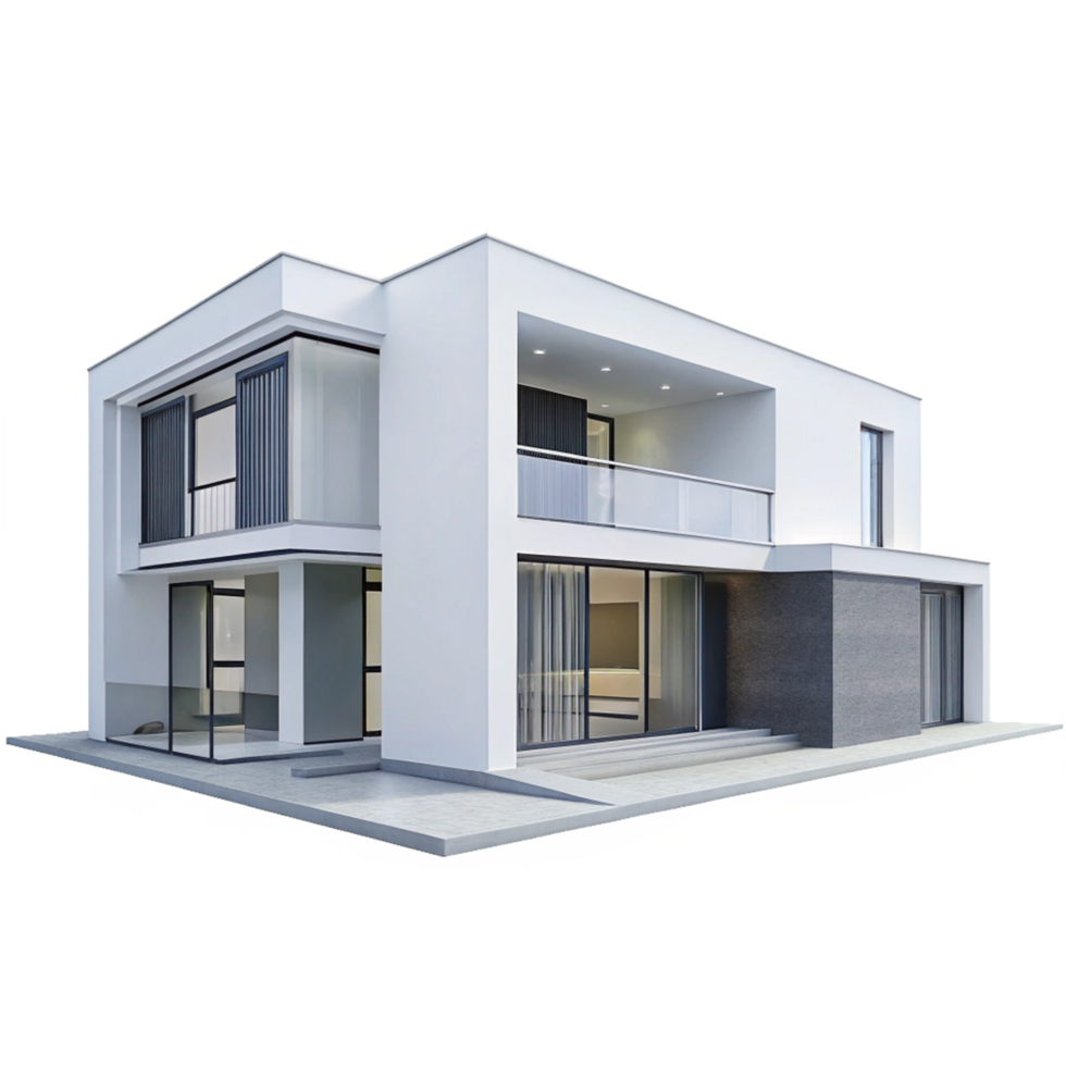 Modern Two Story House Architectural Design with Balcony and Large Windows png