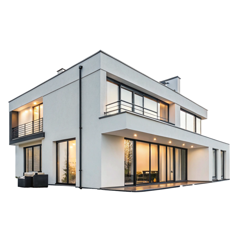 Stunning Modern White House with Large Windows and Balcony at Dusk png