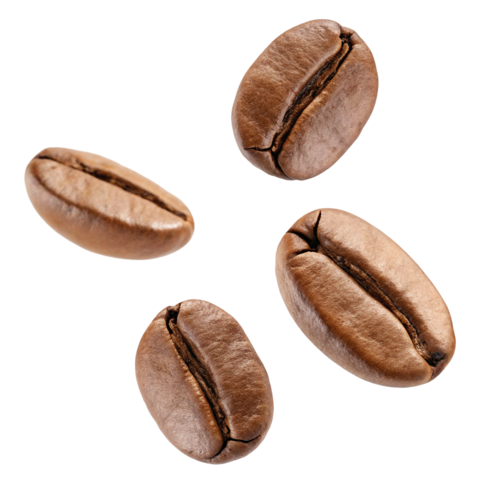 Four Roasted Coffee Beans Falling on Black Background Closeup Image png