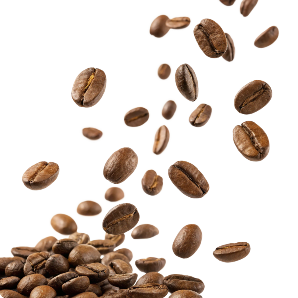 Roasted Coffee Beans Falling on a Pile of Coffee Beans Dark Background png