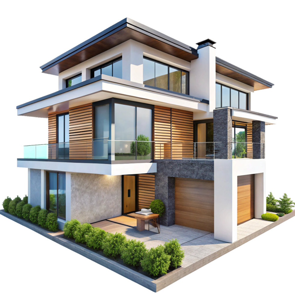 Stunning Modern Two Story House with Wood and Stone Exterior Design png