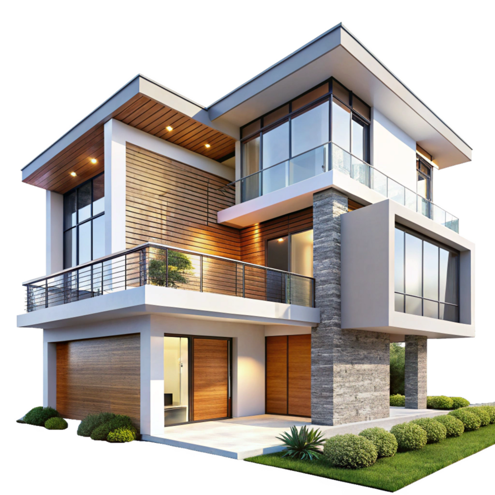 Modern Two Story House Architectural Design with Wood and Stone Exterior png