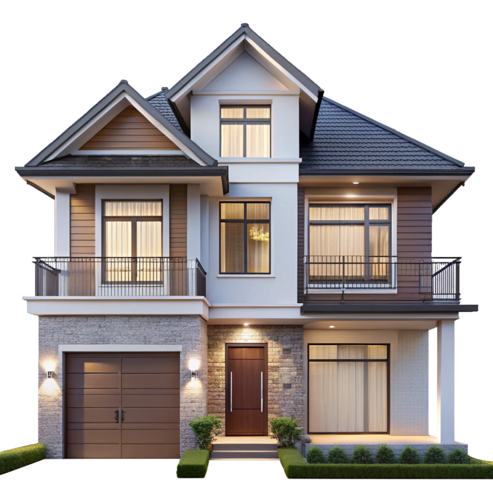 Stunning Two Story House Exterior Design at Night with Garage and Landscaping png