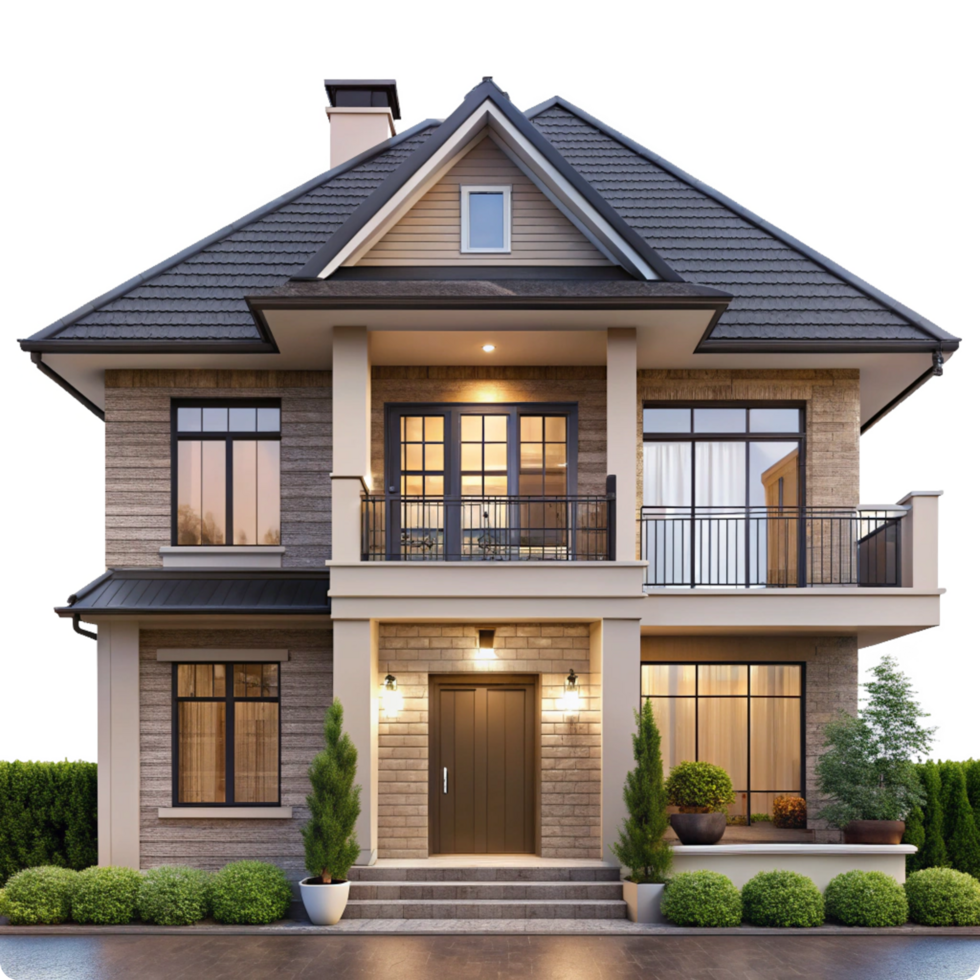 Stunning Two Story House Exterior Design with Stone Facade and Balcony png