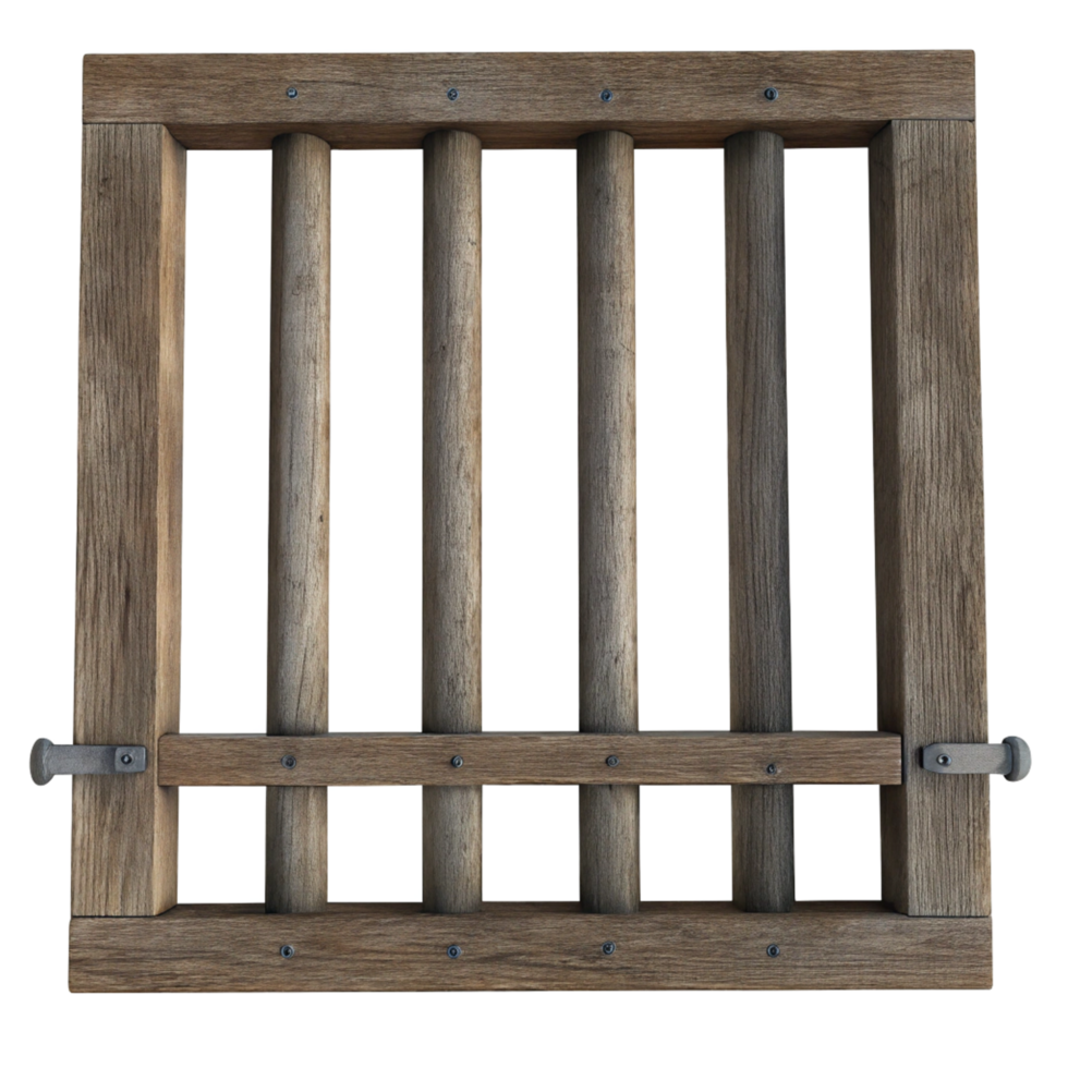 Rustic Wooden Gate with Vertical Slats and Metal Hinges a 3D Render of a Weathered Wooden Structure png